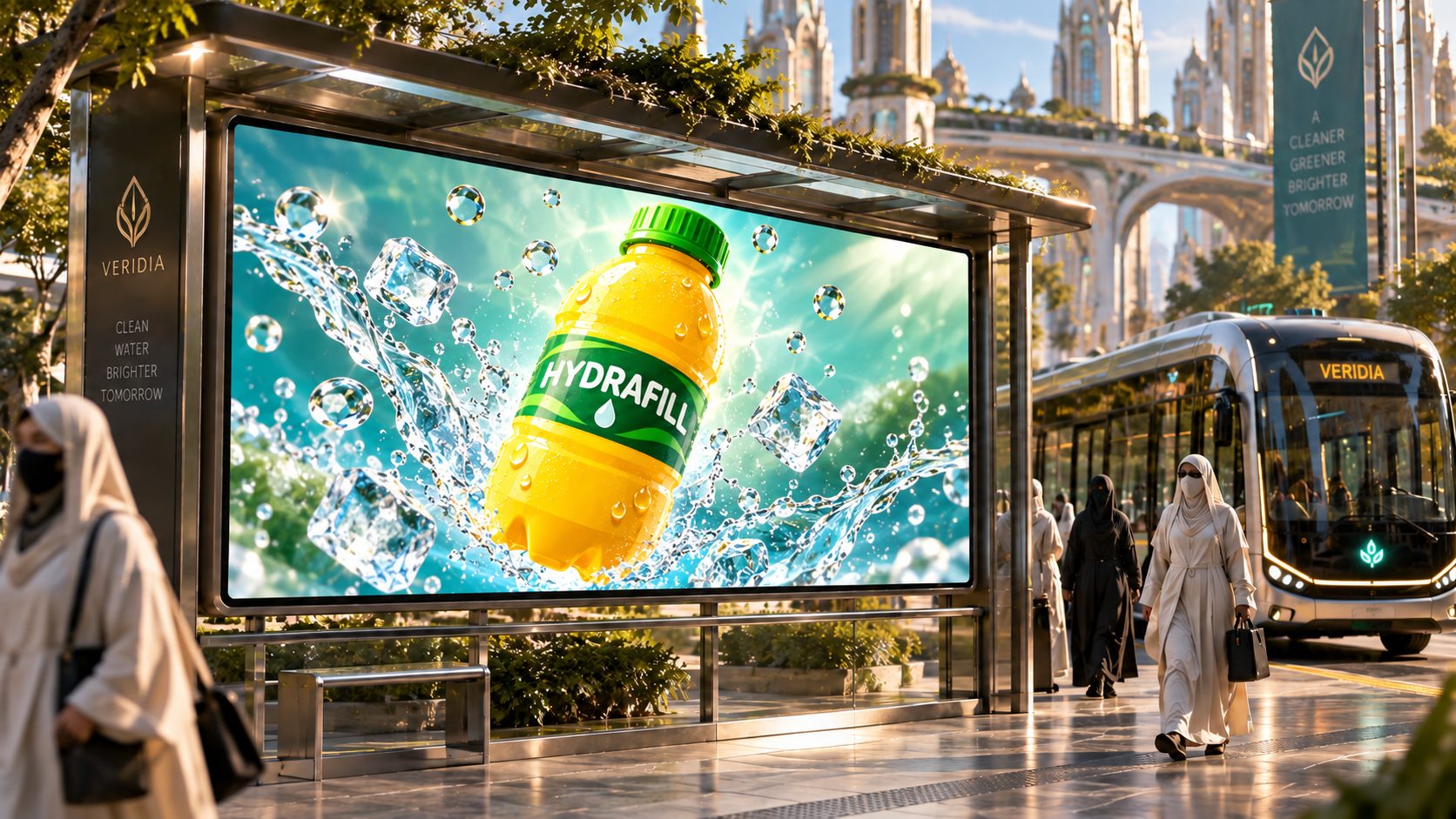 A Hydrafill ad at a Veridian autobus stop