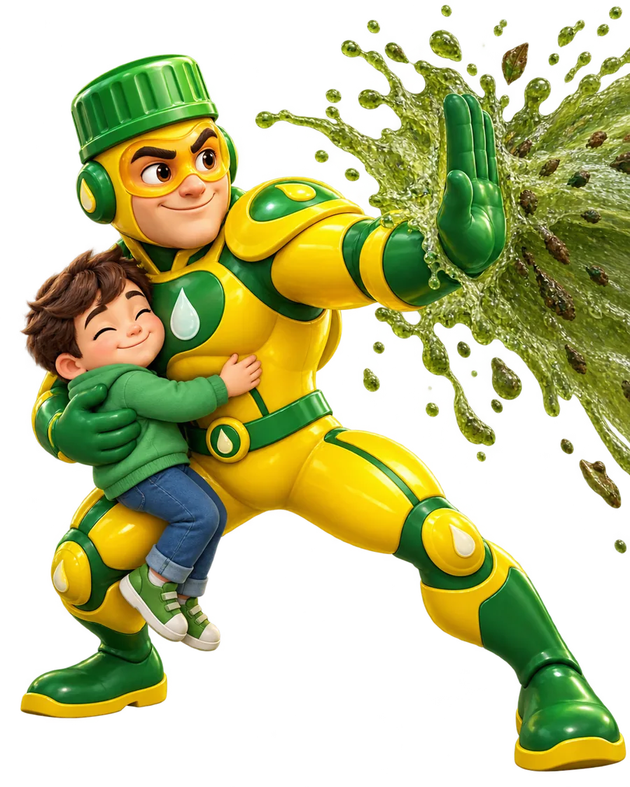 The Hydrafill mascot shielding a child from a jet of green sludge